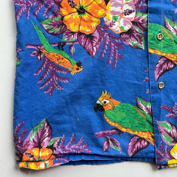 Vintage Hawaiian Shirt USA Made Birds Parrot Tropical Floral Blue Short Sleeve S - Picture 7 of 10